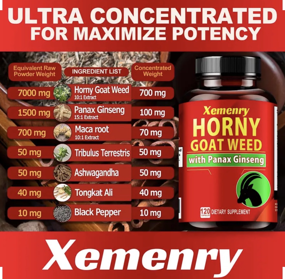Xemenry Horny Goat Weed with Panax Ginseng — 120 Capsules
