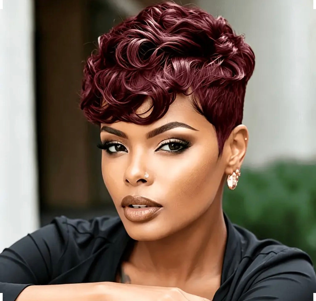 Burgundy Sculpted Curly Pixie Wig