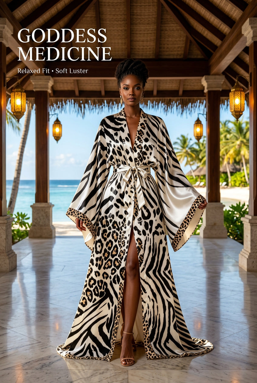 Animal Print Kimono Maxi Robe — Ivory