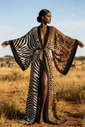 Animal Print Kimono Maxi Robe — Black Trim