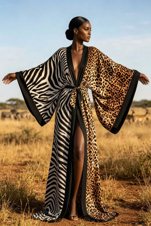 Animal Print Kimono Maxi Robe — Black Trim