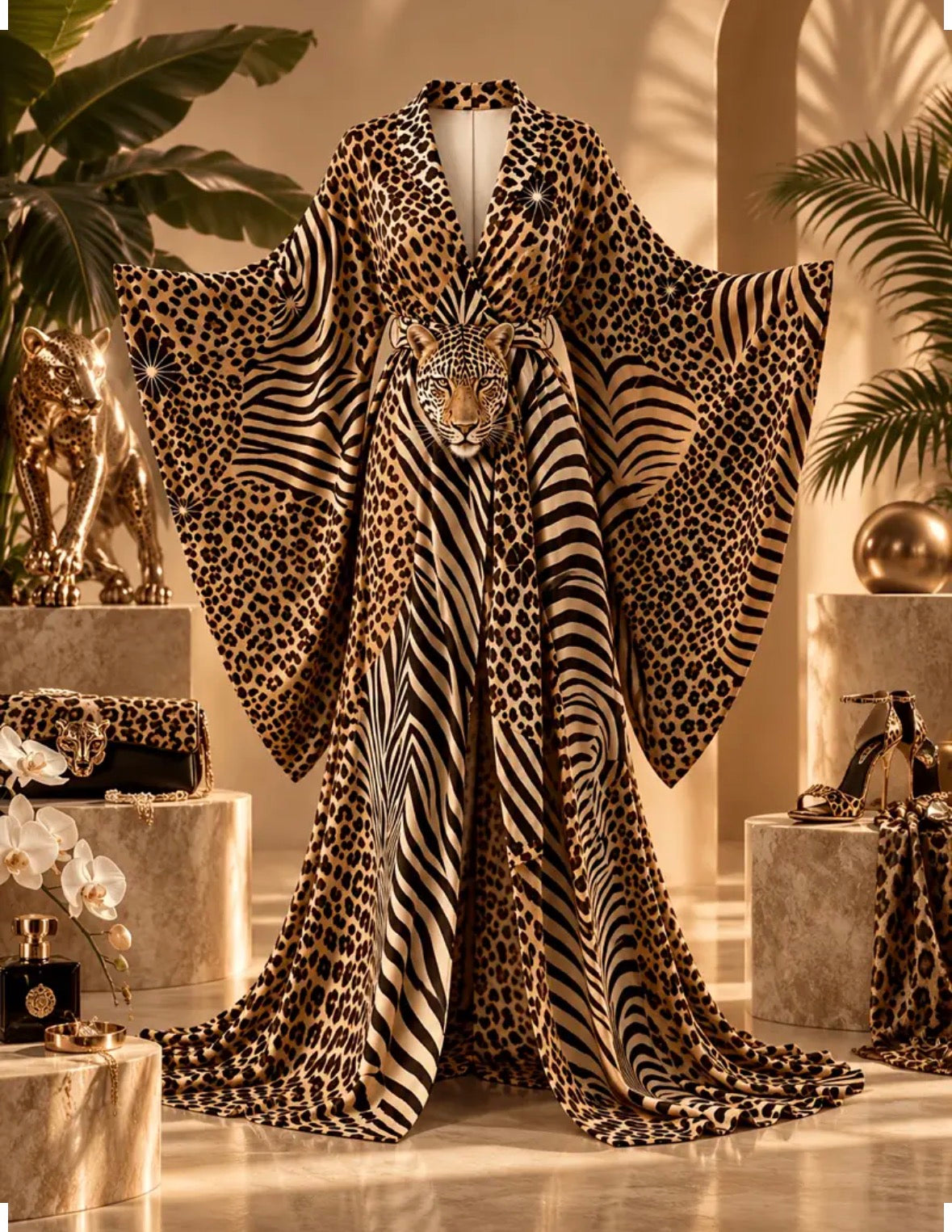 Animal Print Flowing Kimono Robe — Gold