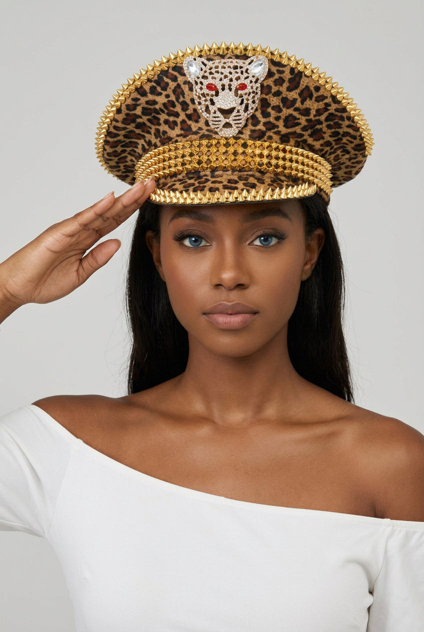 Gold-Studded Leopard Statement Captain Hat