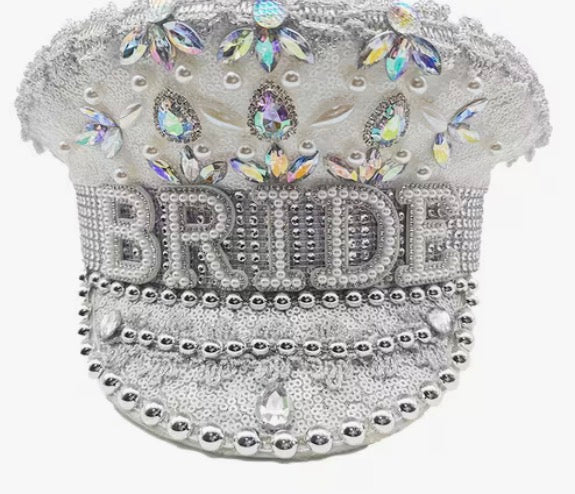 White and Silver Bride Rhinestone Captain Hat