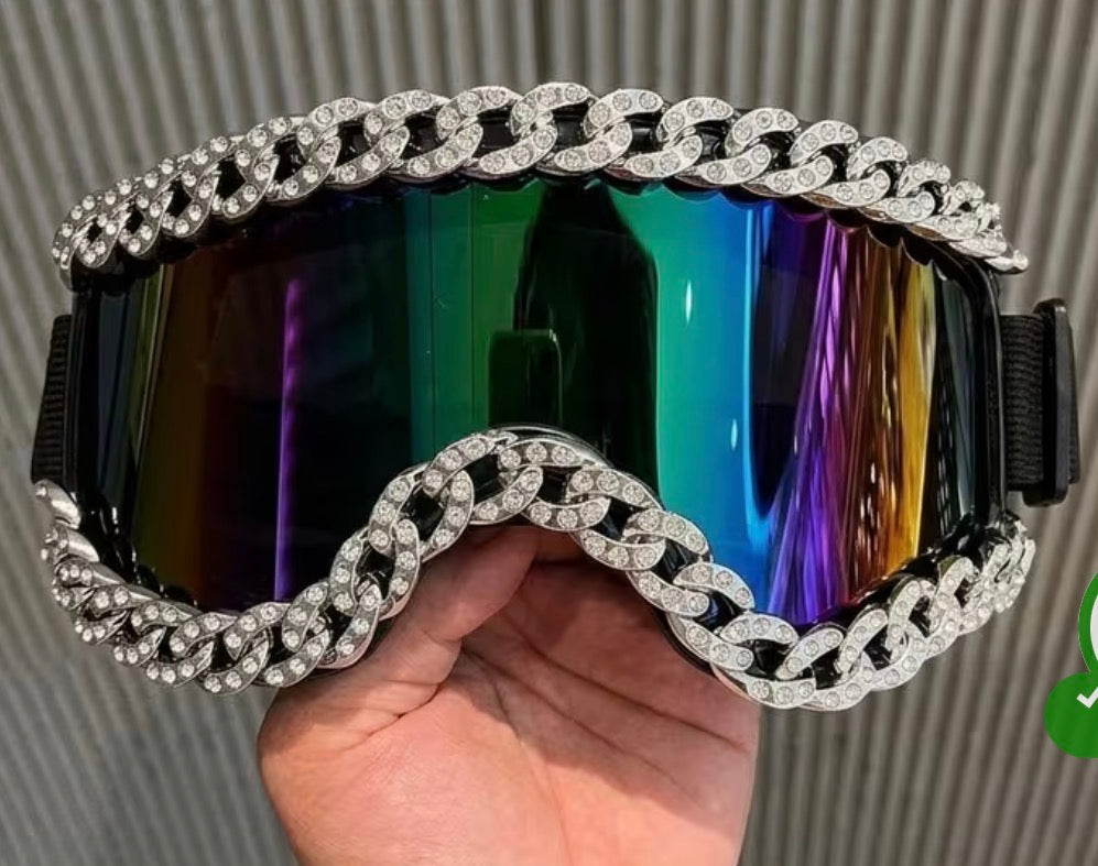 Rainbow Lens Rhinestone Chain Fashion Goggles