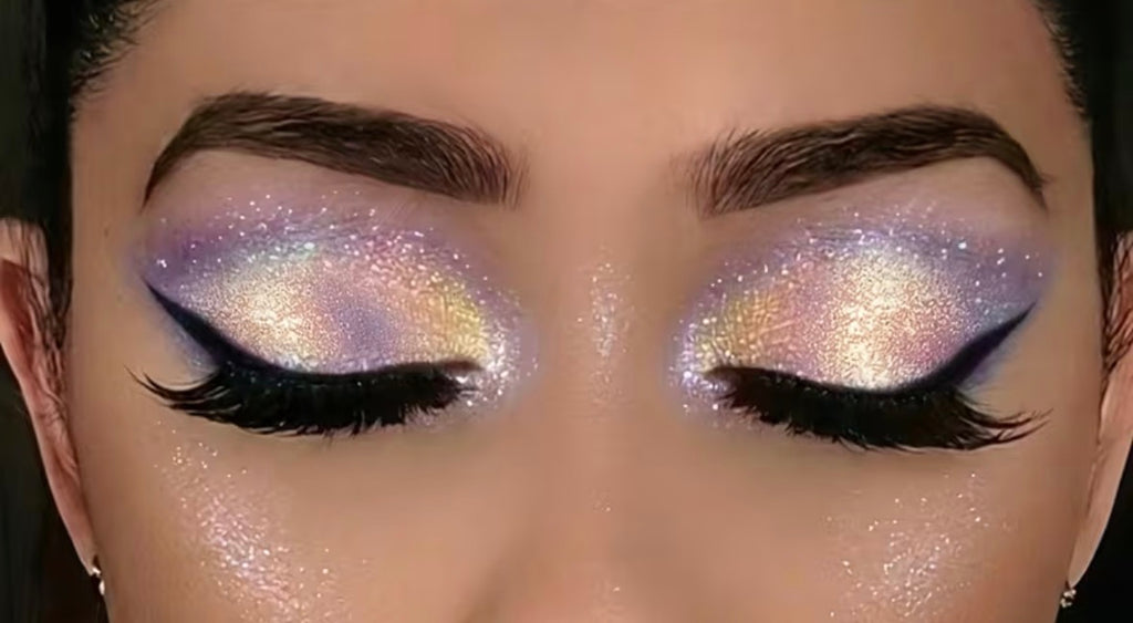 Shimmer eye makeup styling reference; results not verified