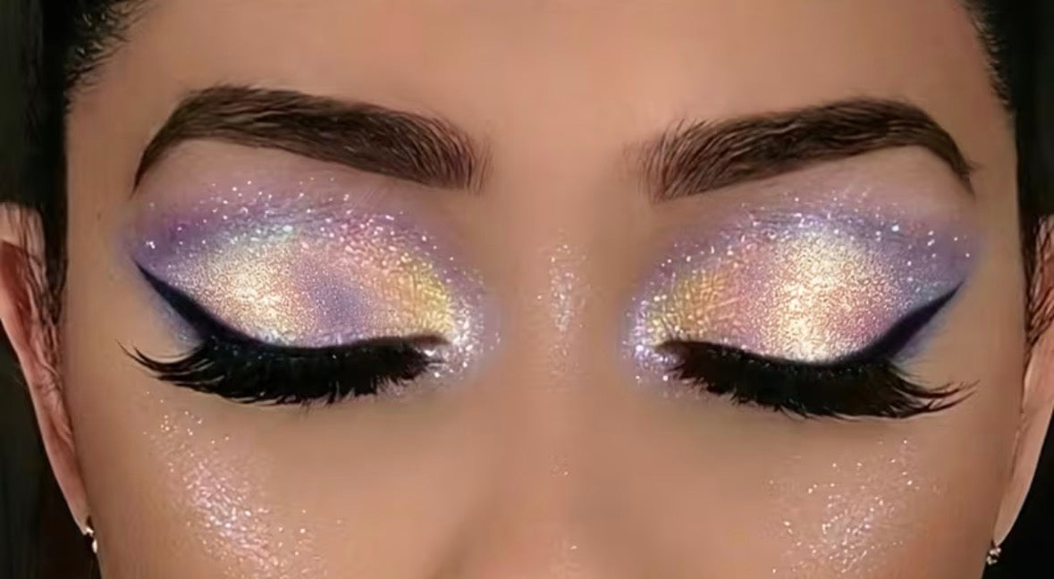 Shimmer eye makeup styling reference; results not verified