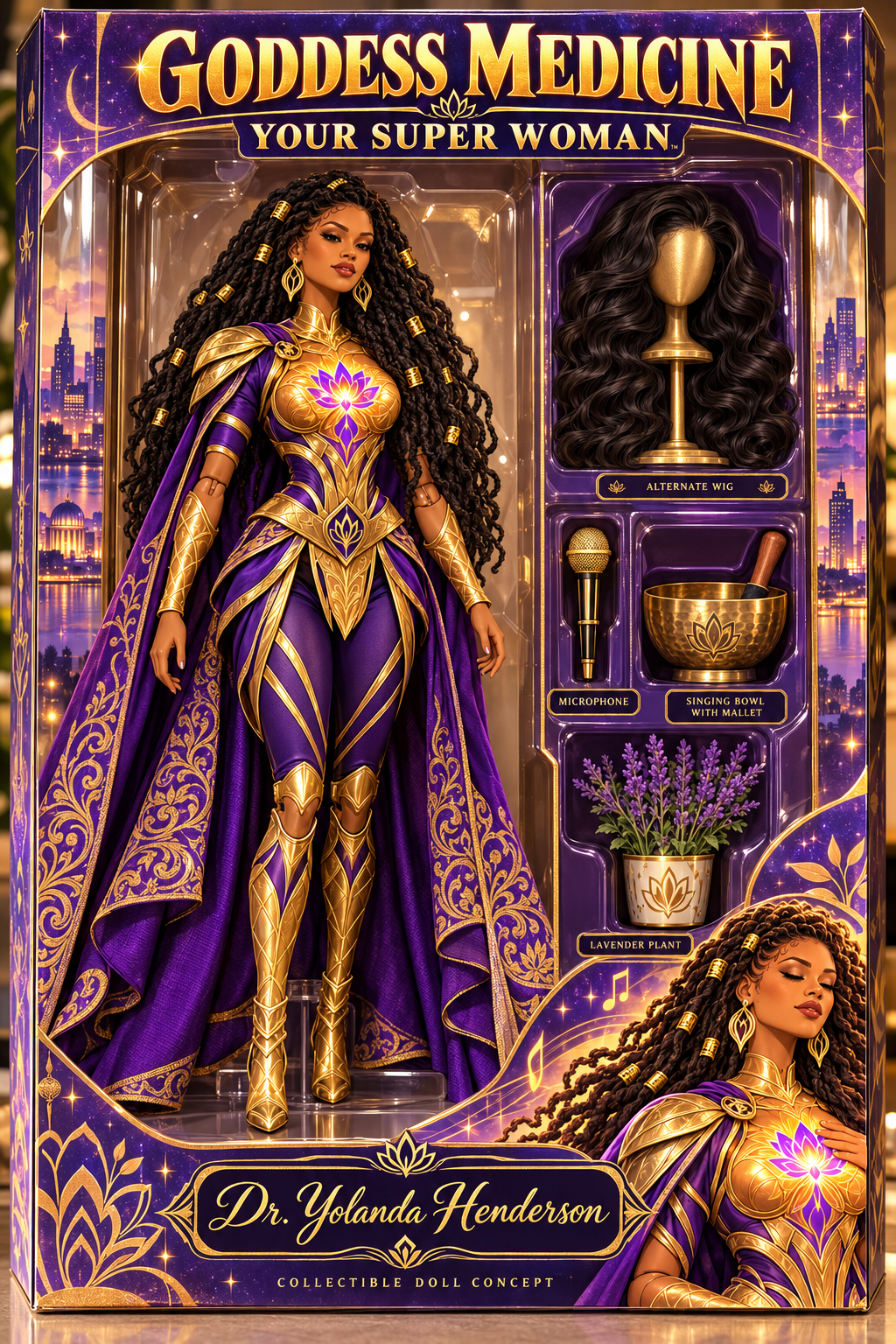 Goddess Medicine doll concept with locs and an alternate wig; bald styling is planned. Final product details pending.